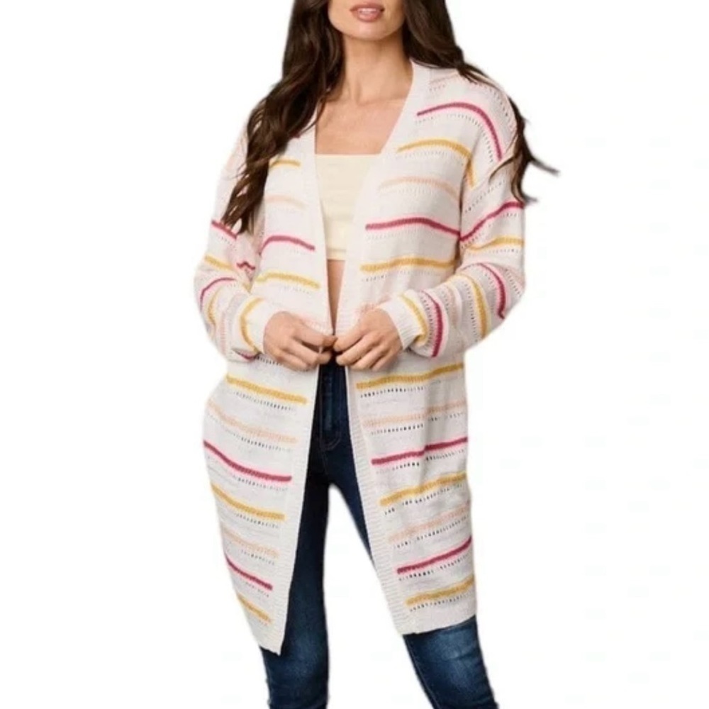 BOHO COLORFUL STRIPED OPEN FRONT CARDIGAN - Picture 2 of 10